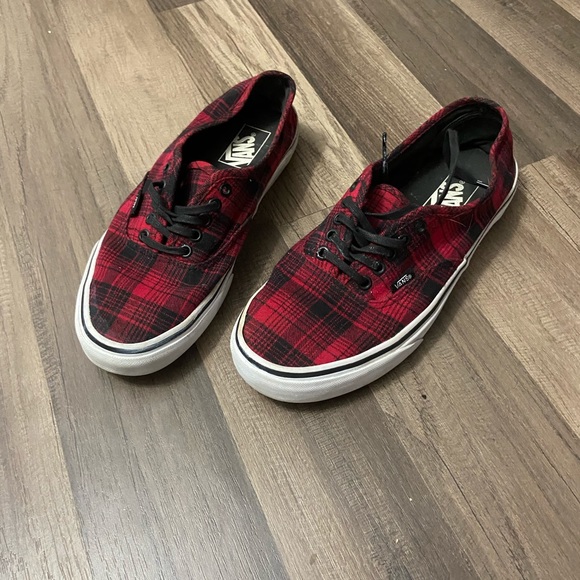 red and black buffalo plaid sneakers